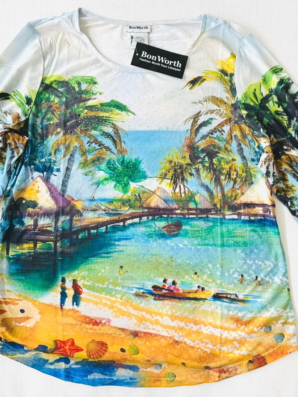 NWT! Tropical Beach Print Women's Top - Features stud appliqués, Blue Green